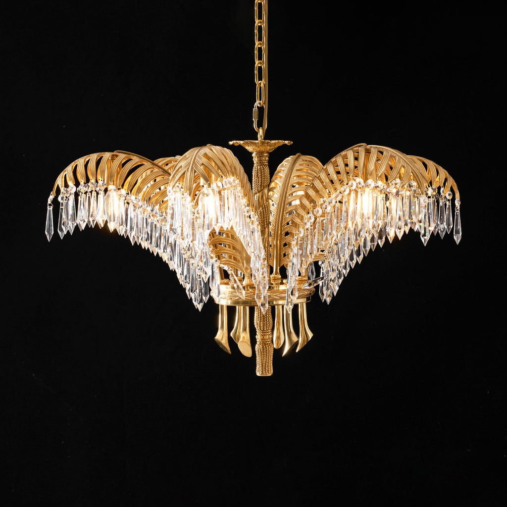 Brass Palm Leaf Crystal Chandelier