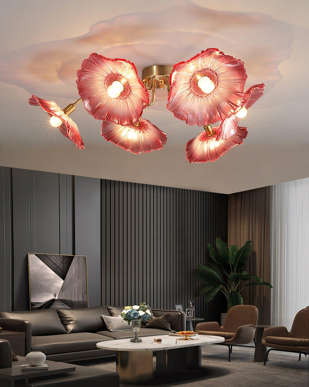 Glass Ceiling Lamp with Lotus Leaf Design